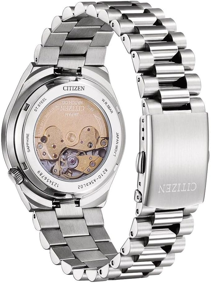 Citizen Tsuyosa caseback showing exposed automatic movement with rotor and stainless steel bracelet