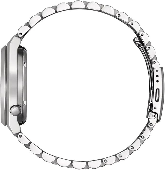 Side profile of Citizen Tsuyosa showing case thickness, crown, and stainless steel bracelet