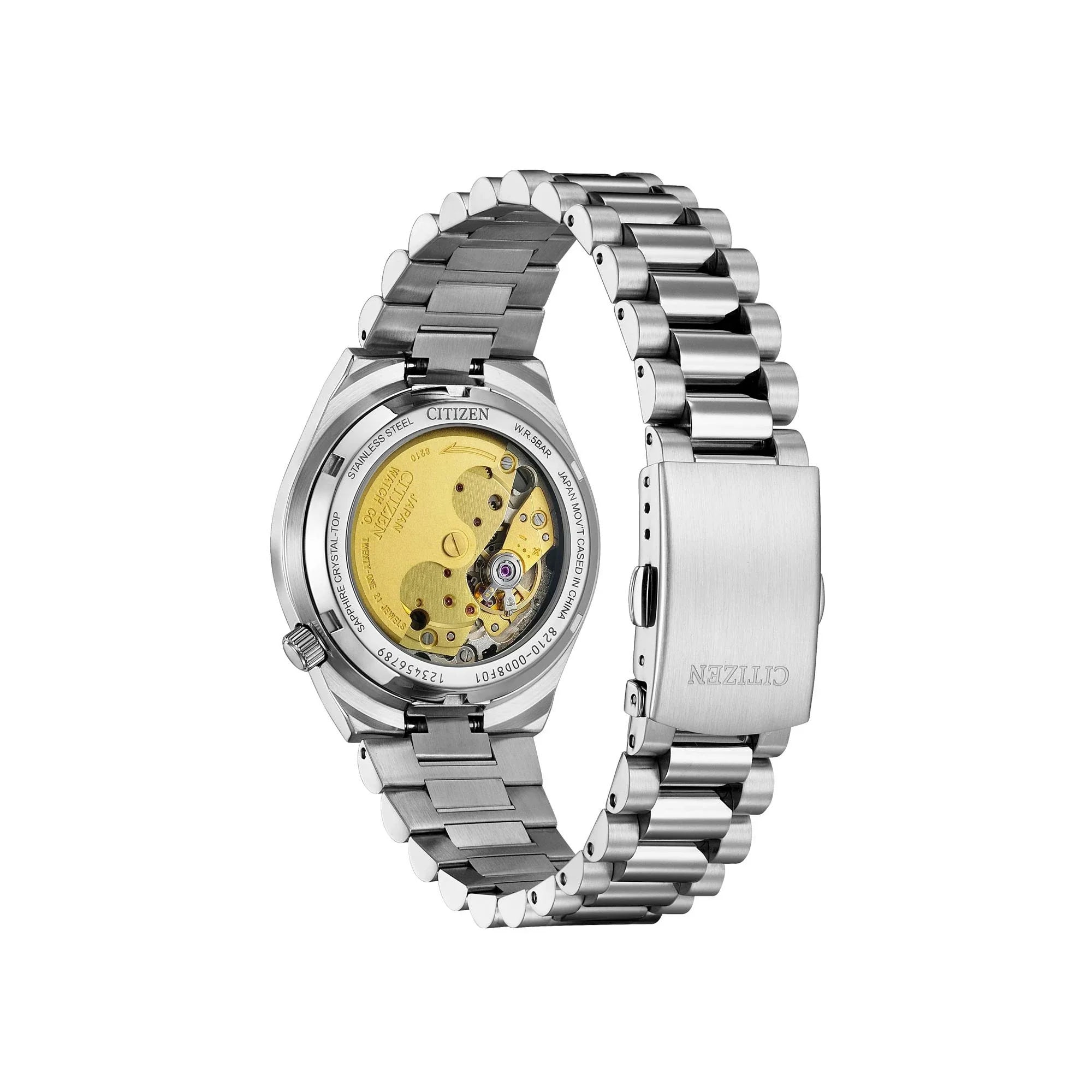 Citizen Tsuyosa automatic caseback with visible movement and stainless steel bracelet