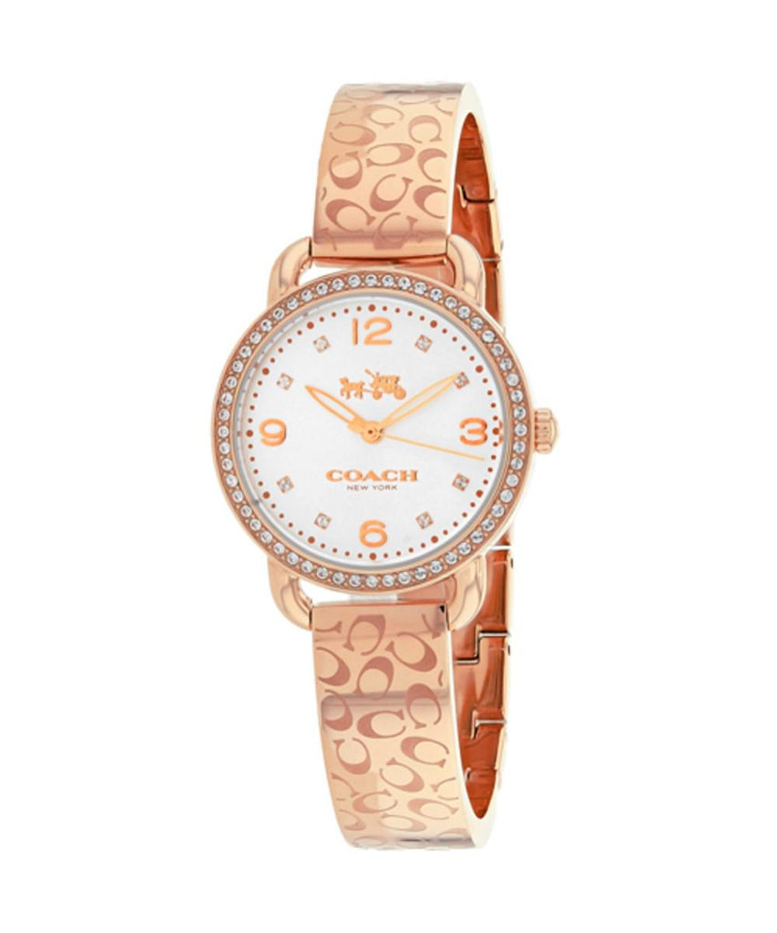 Coach Delancey rose-gold watch shown at angle with patterned strap and crystal bezel