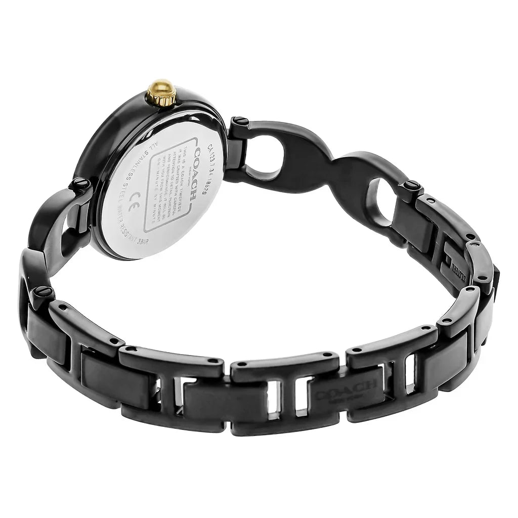 Coach watch caseback and strap detail showing black stainless steel band construction
