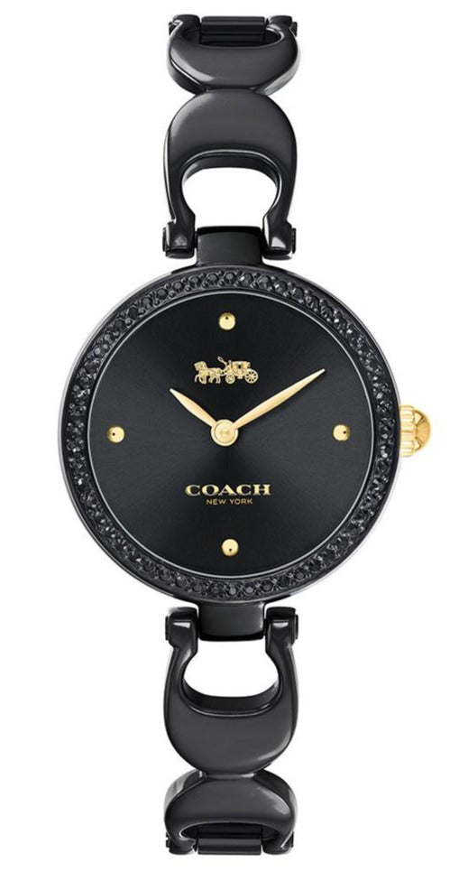 Coach black quartz women's watch with black dial, gold-tone hands and markers, 26mm case