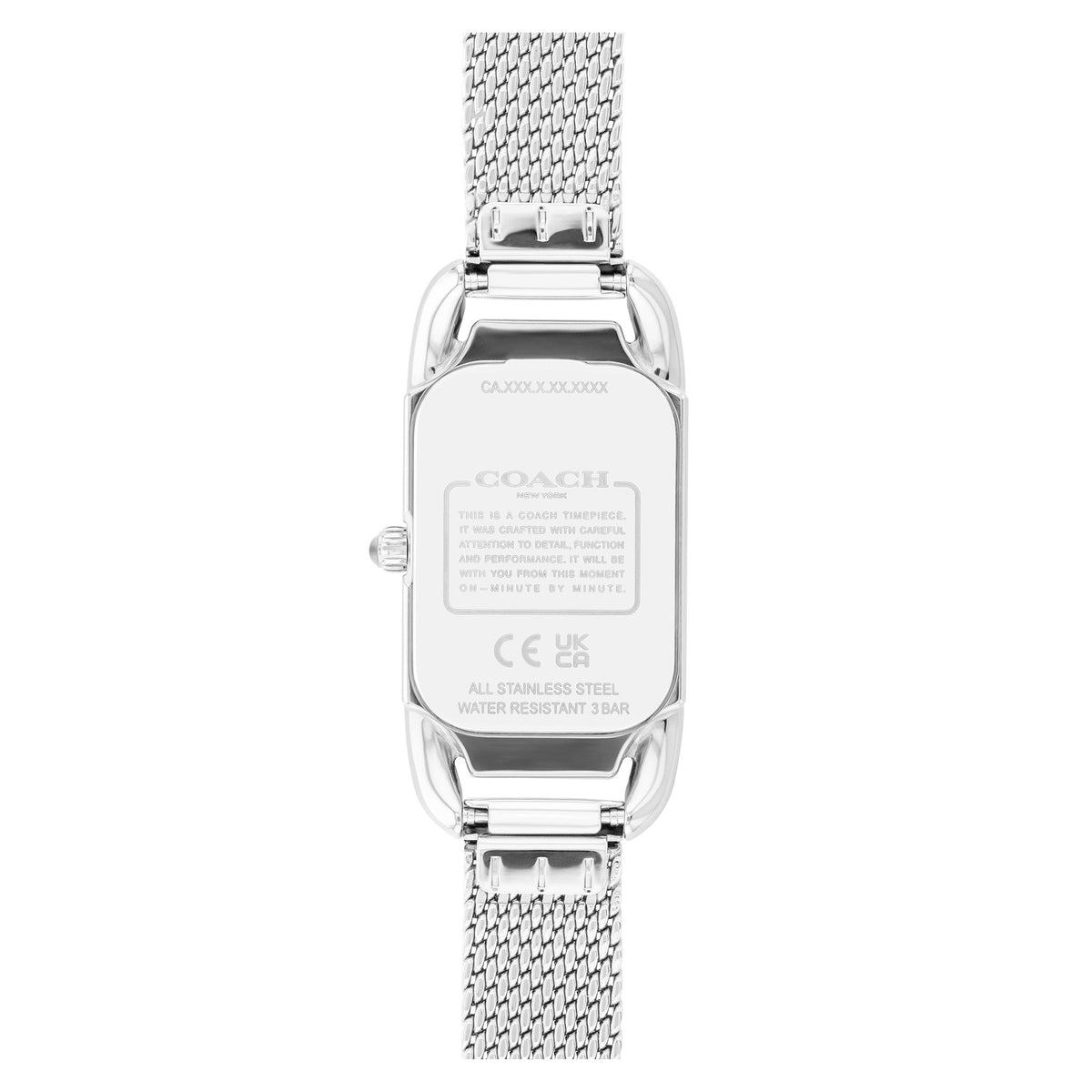 Coach silver mesh watch caseback showing logo and regulatory markings
