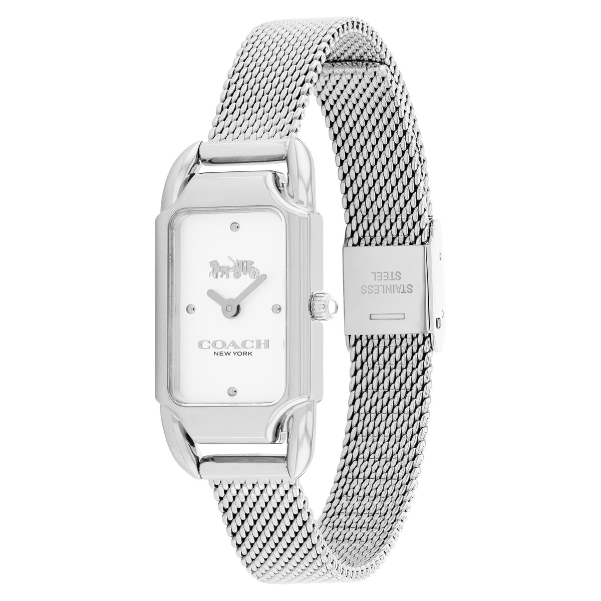 Coach silver mesh watch on wrist showing white dial and mesh band detail