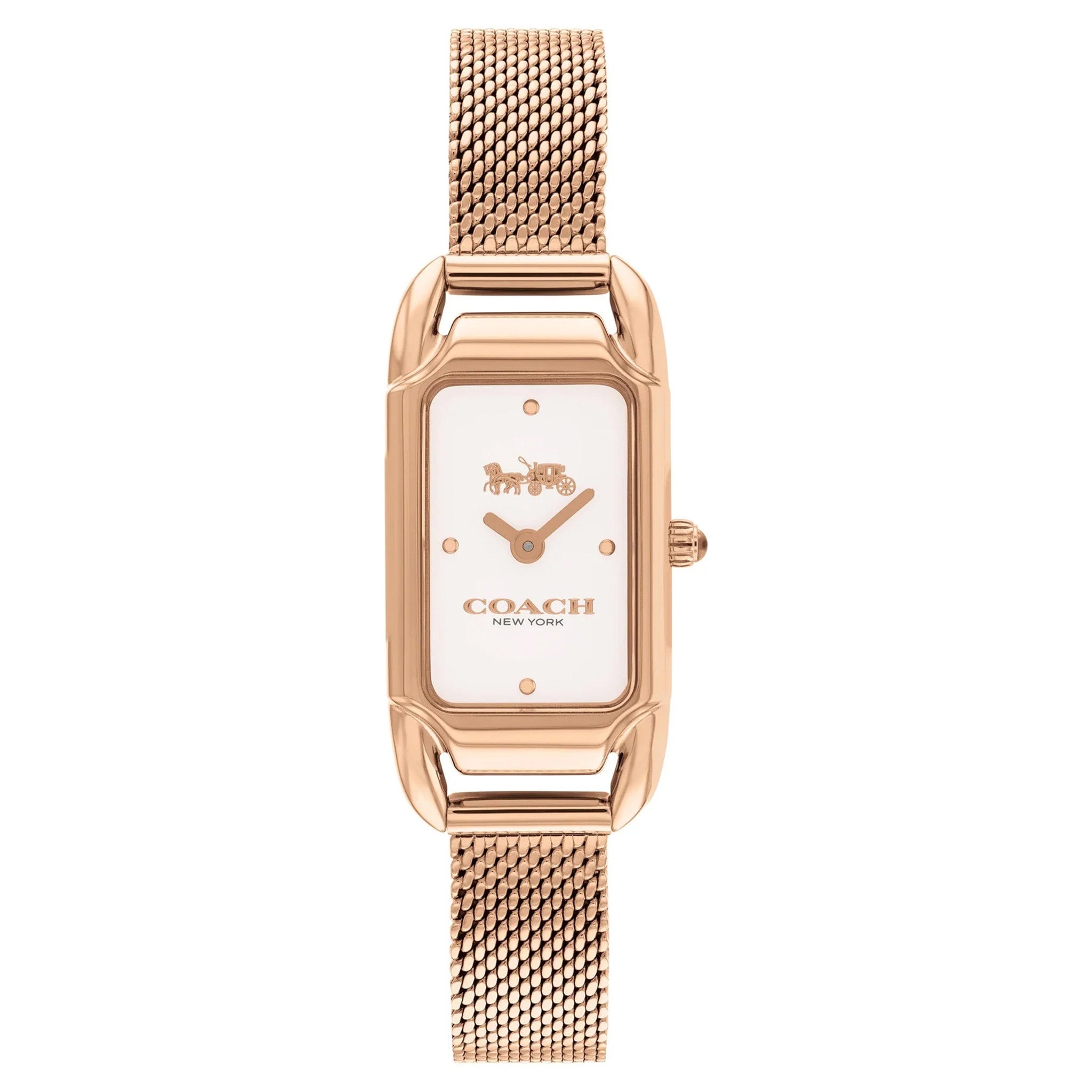 Coach rose gold steel mesh watch with silver white rectangular dial and Coach logo