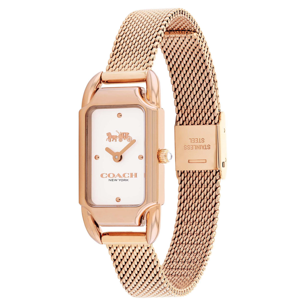 Coach rose gold mesh watch worn on wrist displaying rectangular dial and steel mesh band