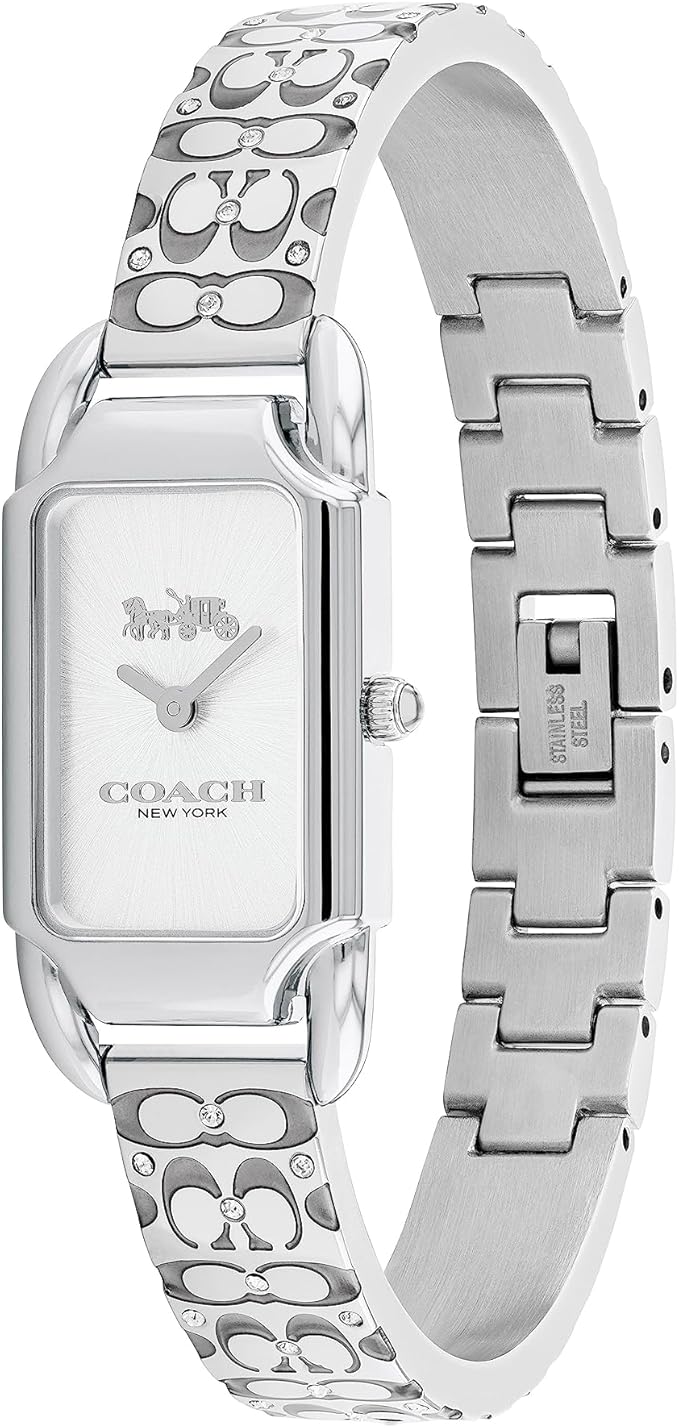 Side view of Coach women's watch showing stainless steel rectangular case and bracelet strap