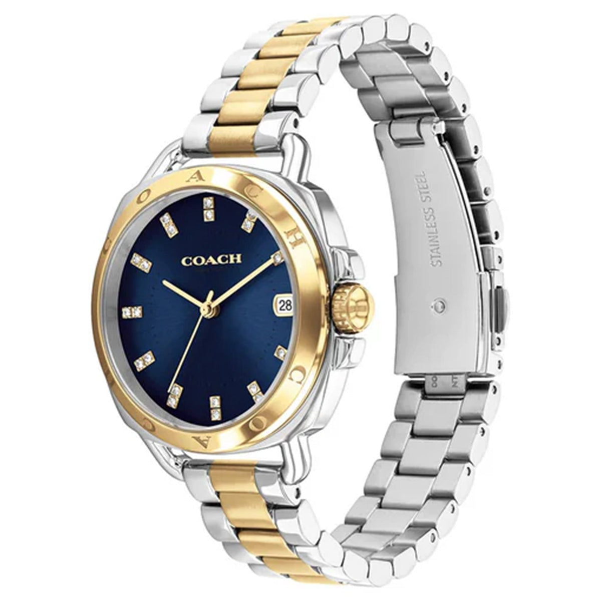 Coach women's watch 34mm two-tone case with blue dial shown at angle with bracelet detail