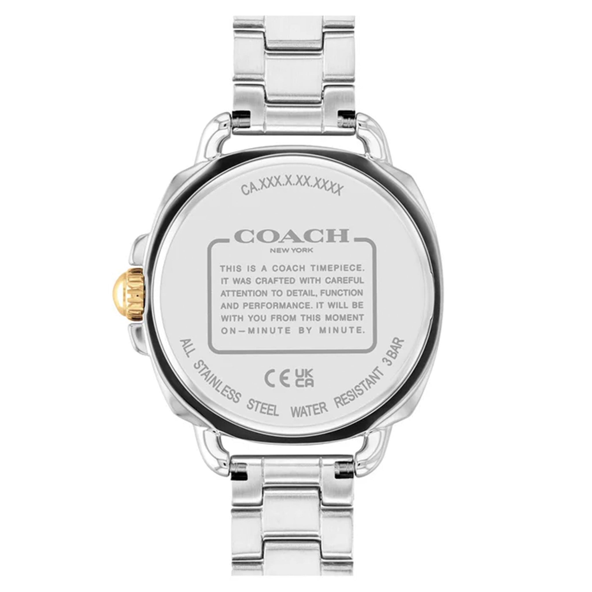 Coach watch caseback showing stainless steel water resistant case with engraved text