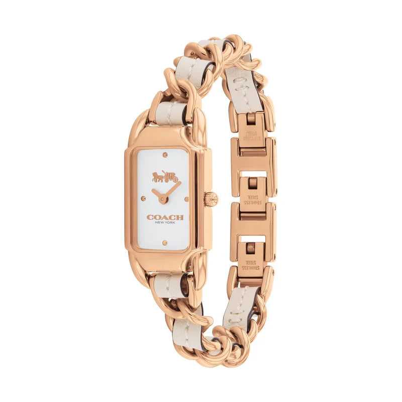 Coach Rectangular Rose Gold with White Dial & Chain Leather Bracelet Women's Watch - 14504283