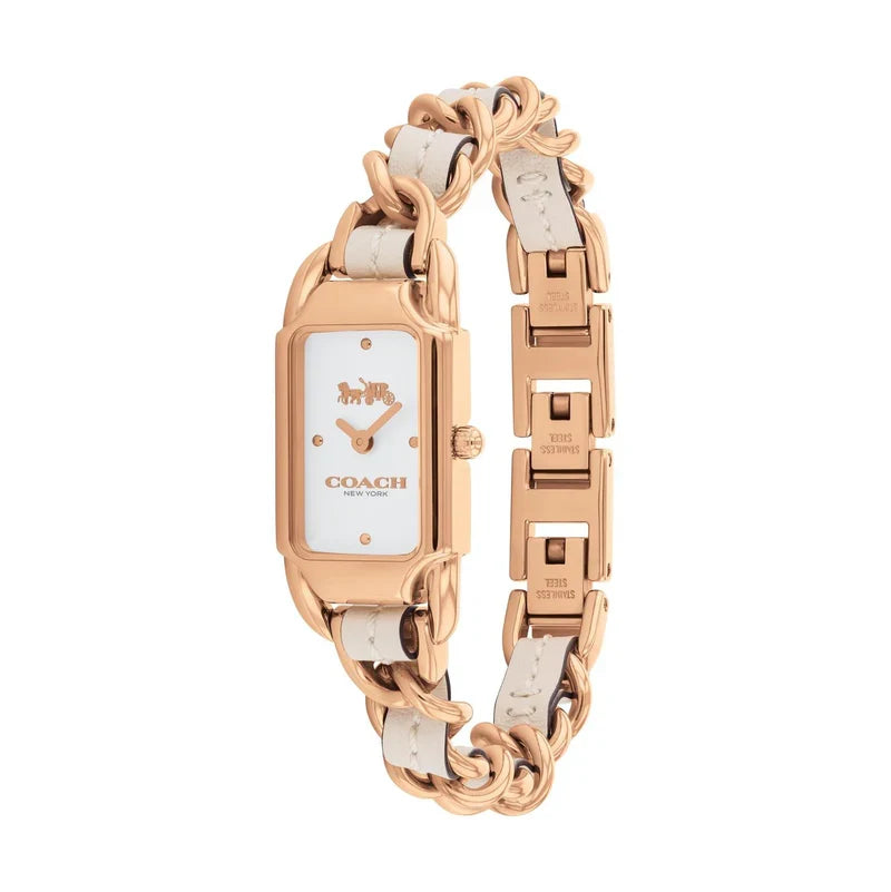 Coach rectangular rose gold watch showing full bracelet and side profile