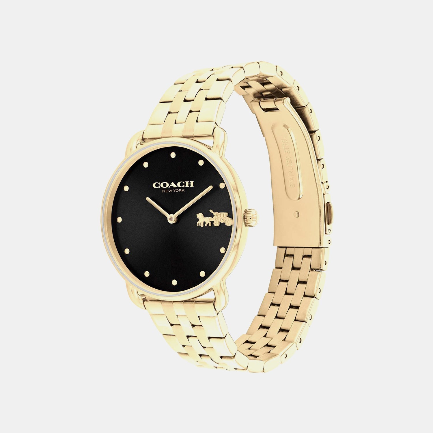 Coach gold steel women's watch at angle showing black dial and gold link bracelet strap