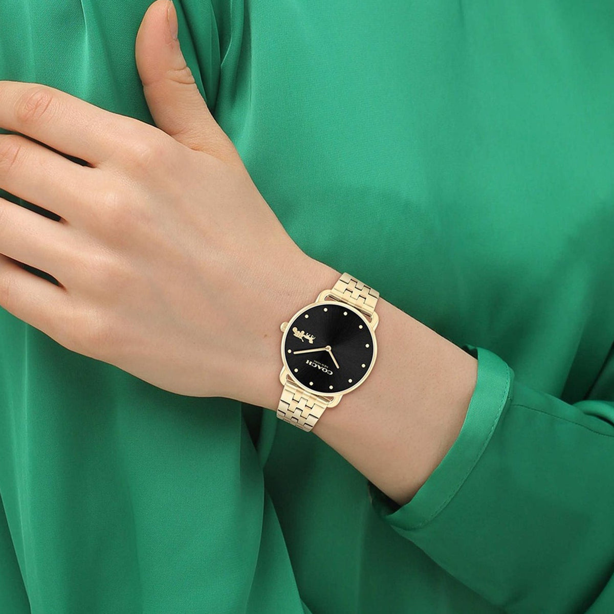 Coach gold steel watch with black dial worn on wrist against green sleeve background