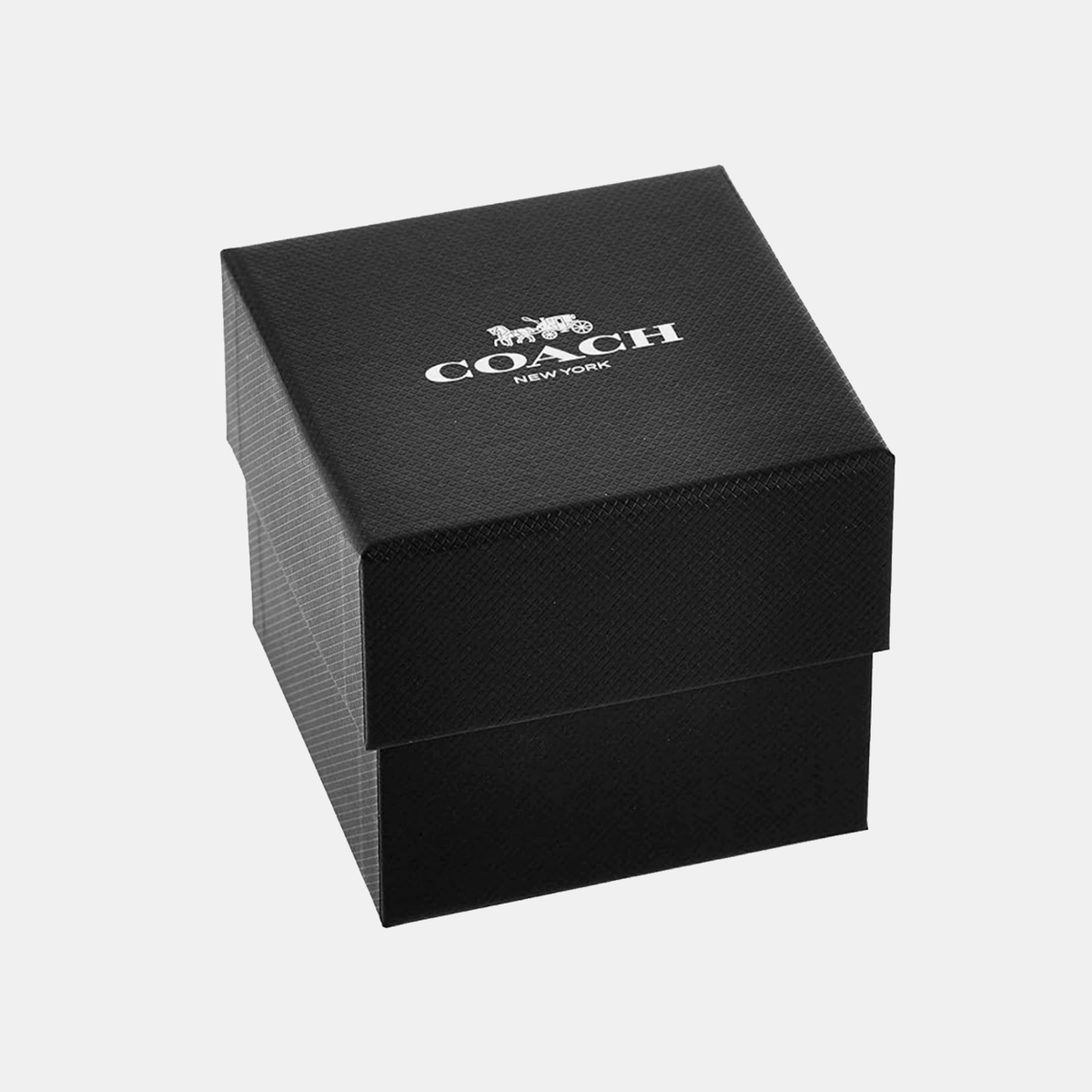 Black Coach branded gift box with white coach logo and NEW YORK text