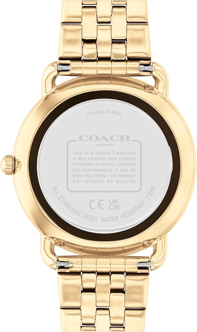 Coach watch caseback displaying dial specifications and water resistance marking