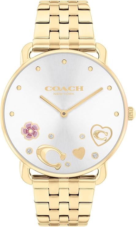 Coach gold stainless steel women's watch with white dial, heart details, and hour markers