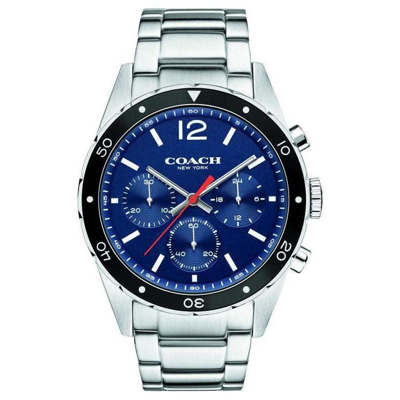 Coach chronograph men's watch with blue dial, black bezel, stainless steel bracelet