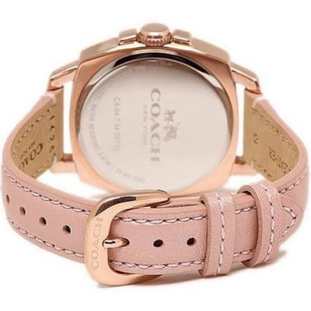 COACH Boyfriend watch caseback showing engraved design and pink leather strap