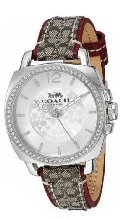 COACH Boyfriend Brown Signature Leather Silver Steel Pave Women's Watch - 14503147