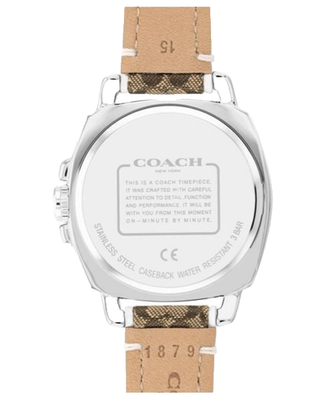 Coach Boyfriend watch case back engraved with Coach branding and specifications