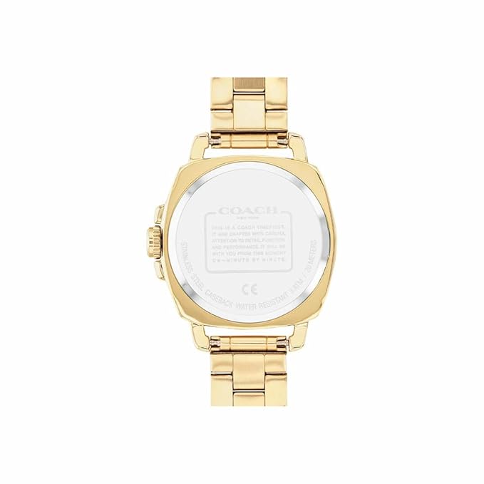 Coach Boyfriend watch caseback with engraved Coach branding and specifications