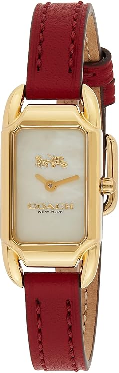 Coach Cadie women's quartz watch with gold-tone rectangular case, white dial, and red leather bracelet