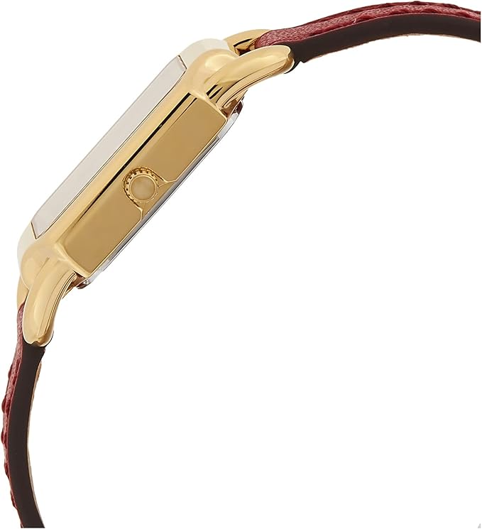 Side view of Coach Cadie watch showing gold-tone case profile and red leather strap