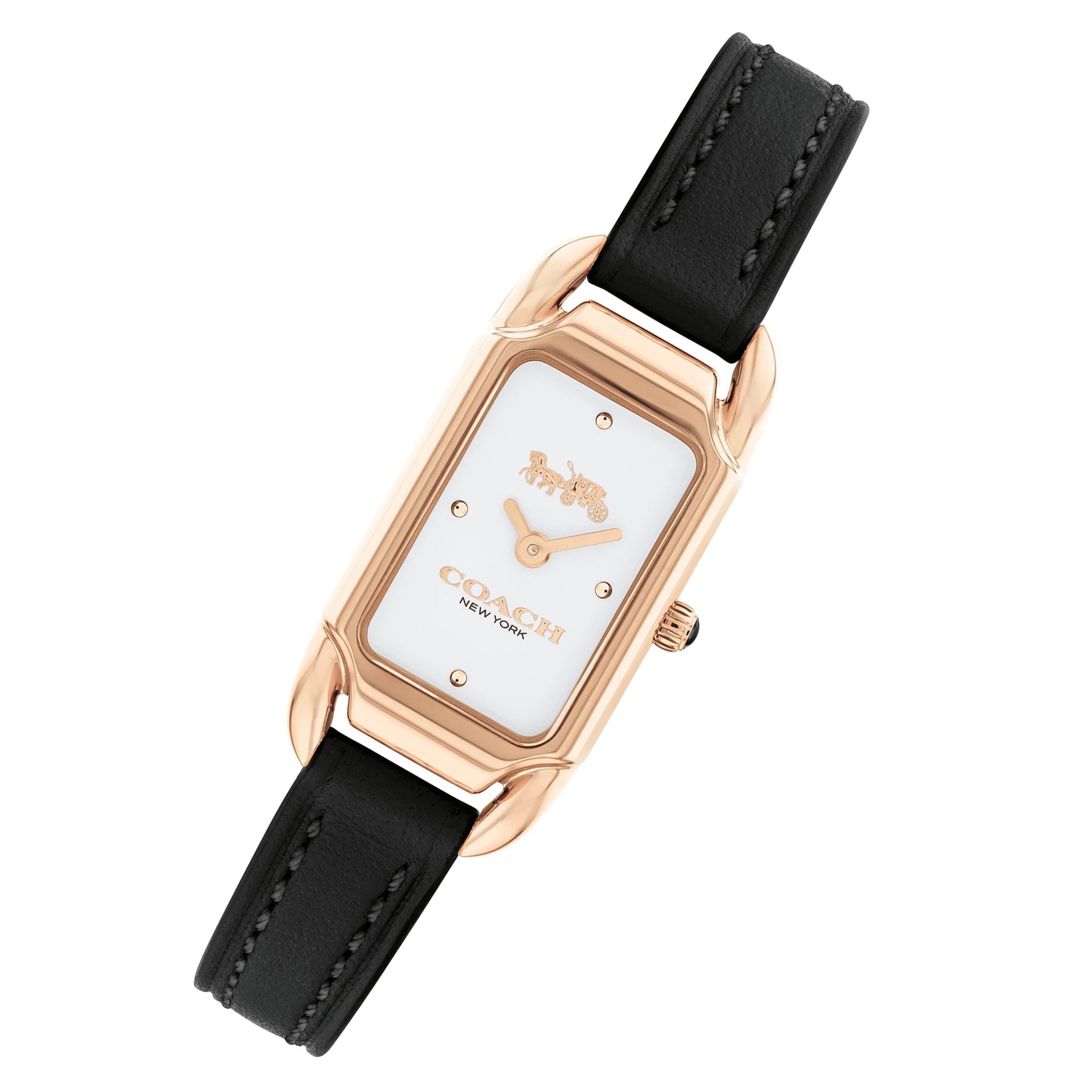 Coach Cadie watch angled view showing rose gold rectangular case and black leather strap