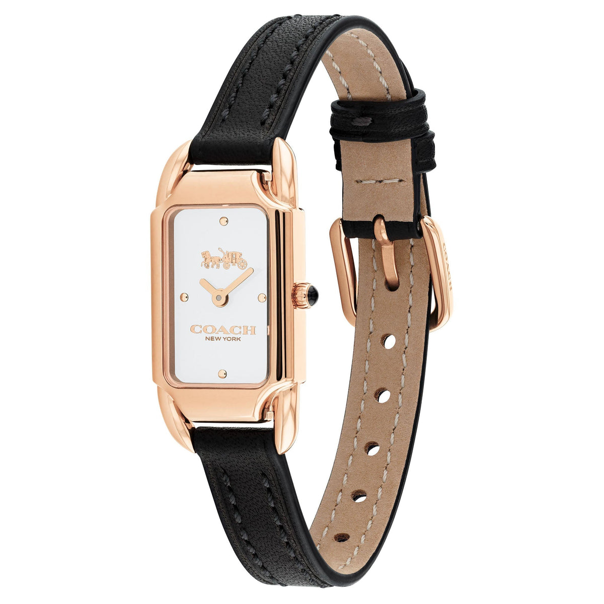 Coach Cadie watch side view displaying black leather strap with tan leather underside