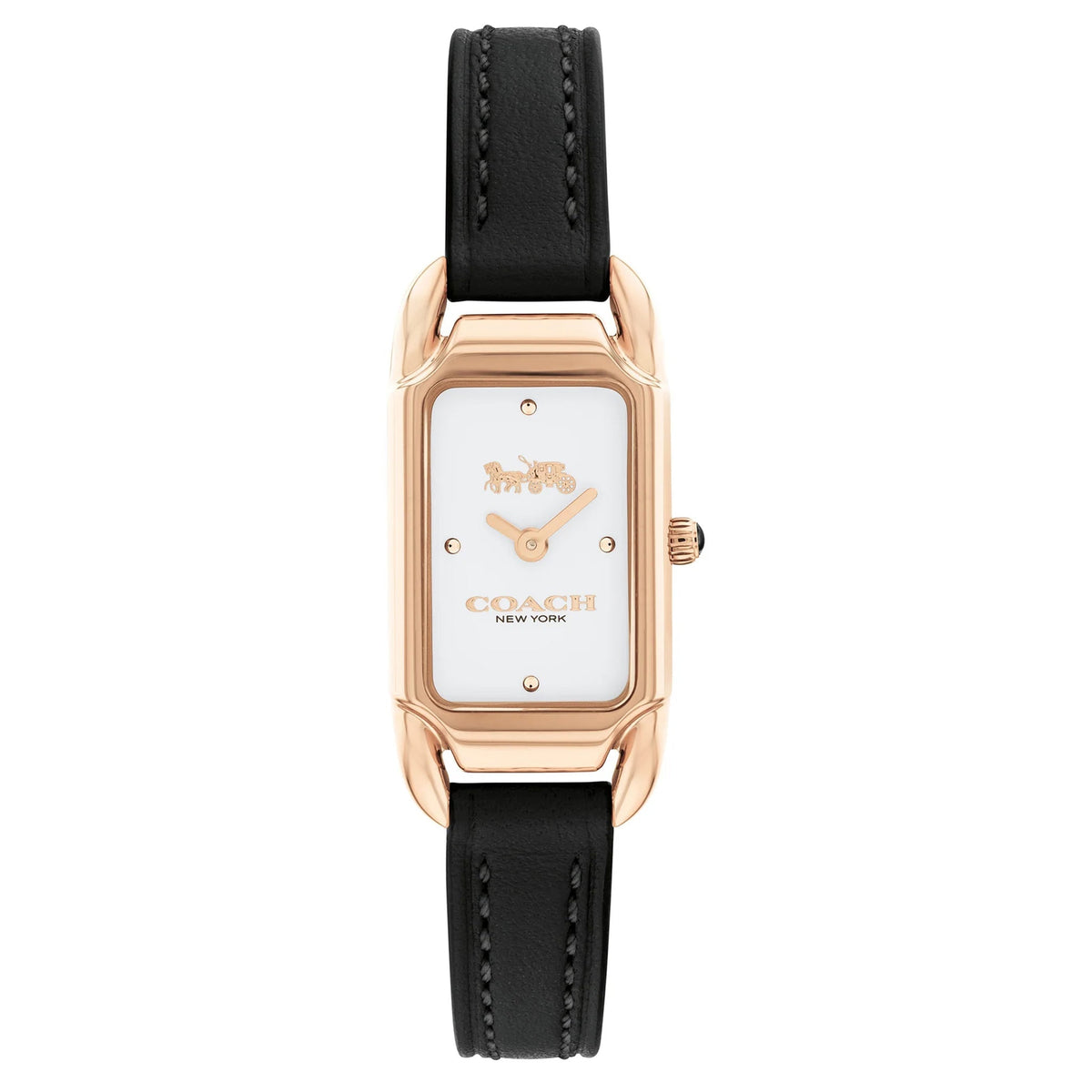 Coach Cadie women's watch with rose gold case, white dial, and black leather strap