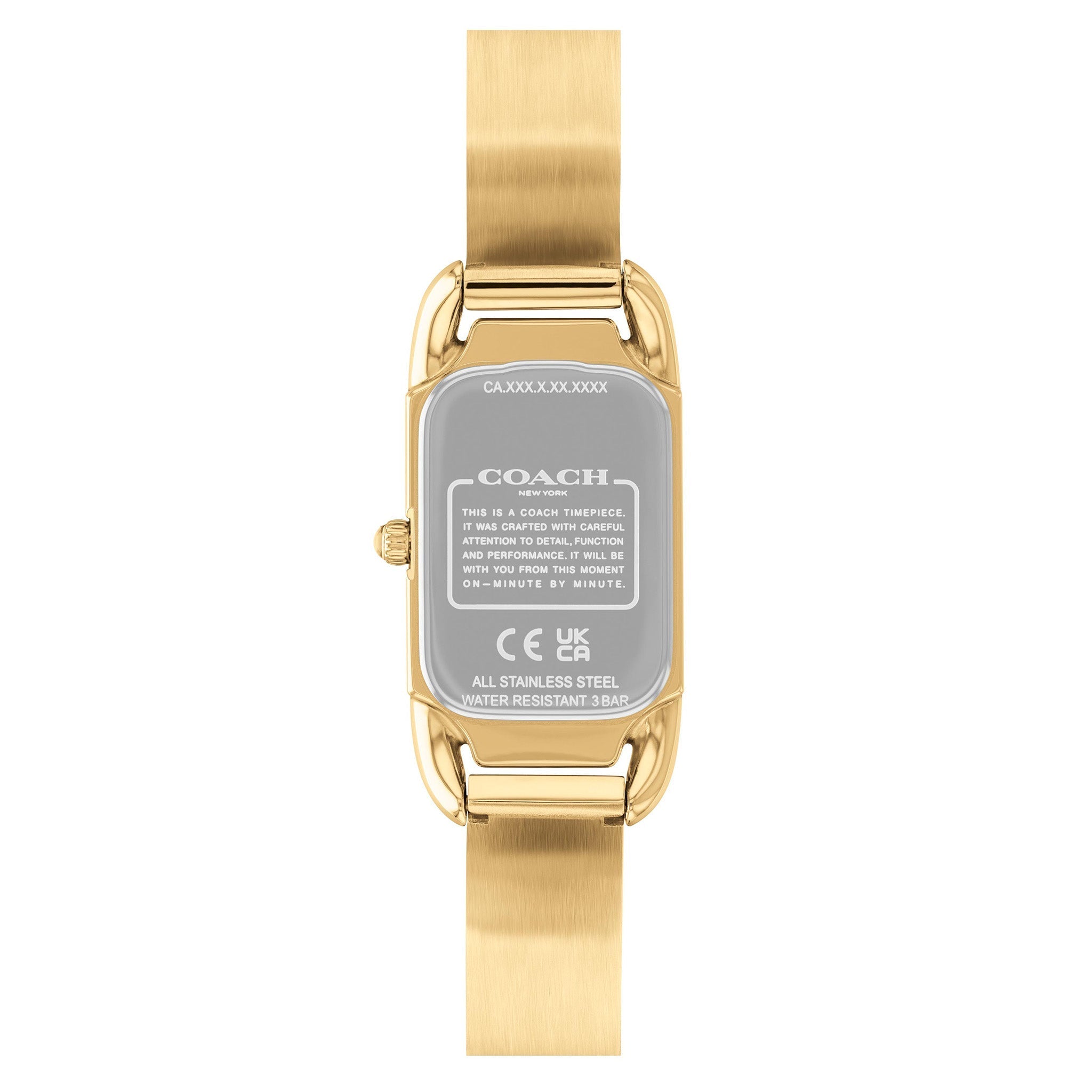 COACH Cadie watch caseback with engraved Coach branding and all stainless steel material information