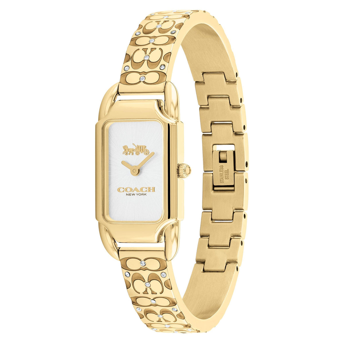 COACH Cadie women's watch worn on wrist showing Signature C patterned gold-tone bangle and rectangular case
