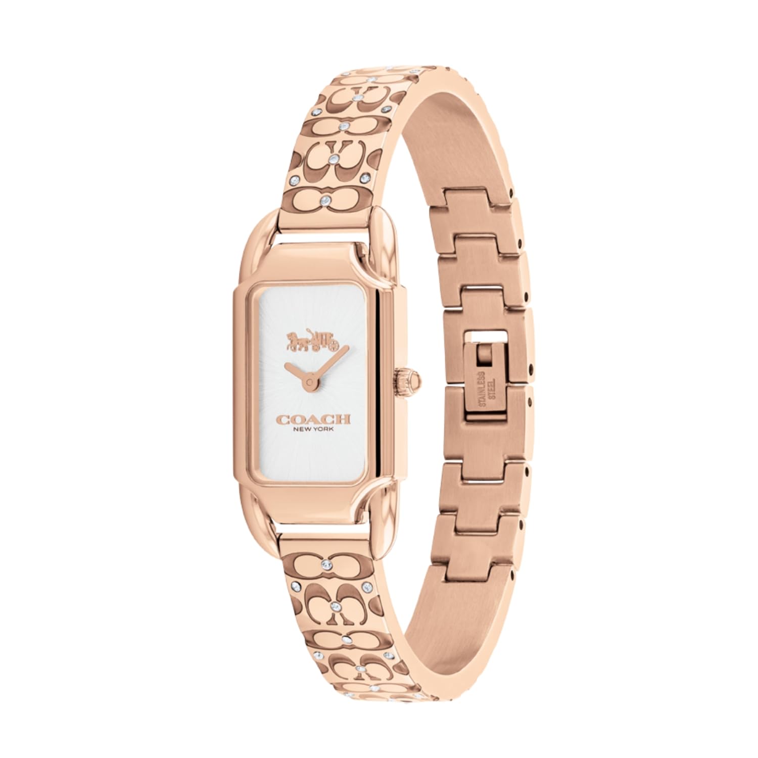 Coach Cadie watch shown from side angle with decorative rose gold link bracelet