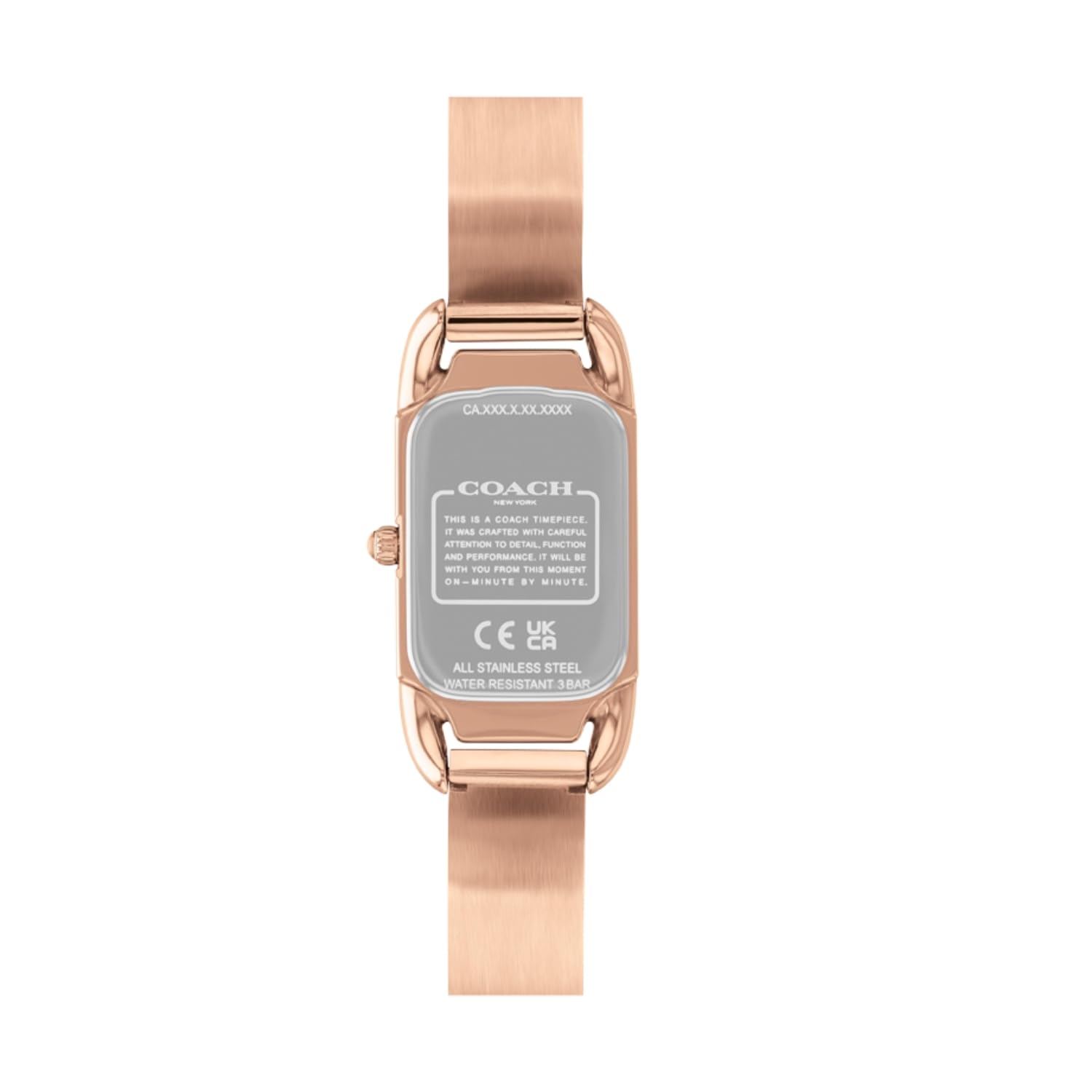Coach Cadie caseback showing stainless steel case with regulatory markings and branding