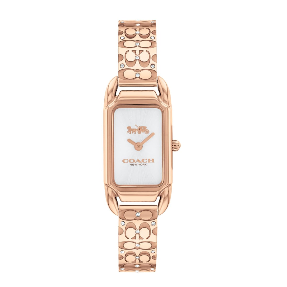 Coach Cadie rose gold rectangular watch with white dial and signature Coach bracelet