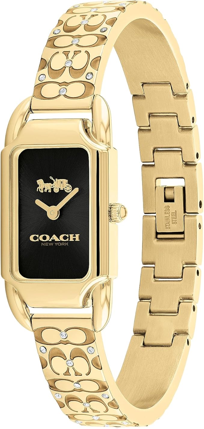 Coach Cadie gold-tone crystal bangle watch shown at angle with full band view