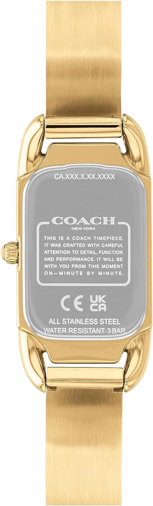 Coach Cadie watch caseback showing stainless steel construction and specifications