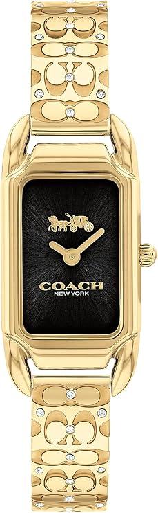 Coach Cadie gold-tone bangle watch with black rectangular dial and logo