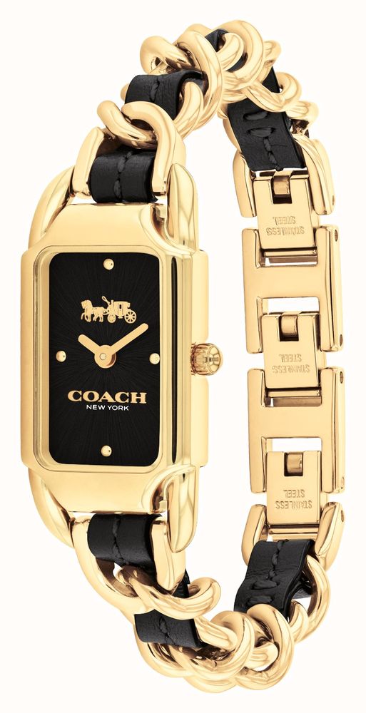 Coach Cadie women's watch shown at angle displaying gold case, black dial, and braided black leather strap