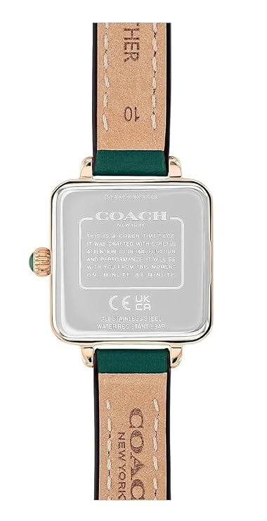 Coach Cass watch caseback showing engraved Coach branding and specifications