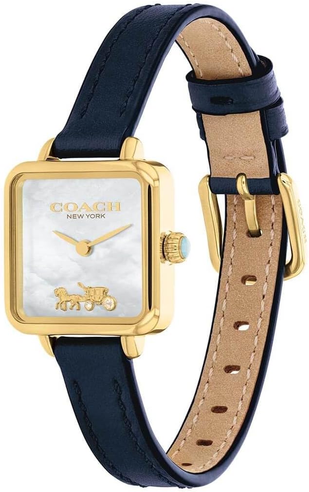 Coach Cass watch three-quarter view showing blue leather strap with tan lining and gold-tone lugs