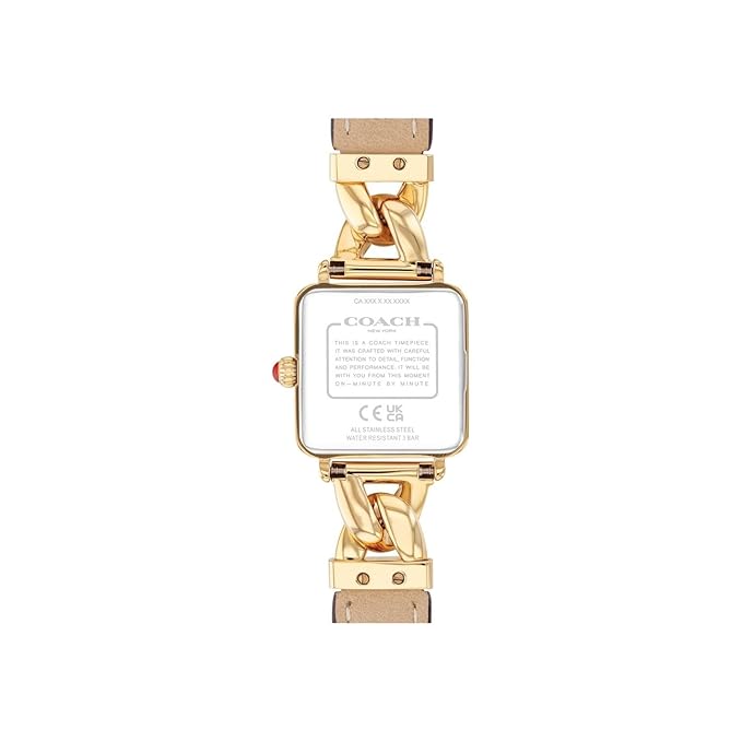 Coach Cass watch caseback showing gold-tone case with regulatory information