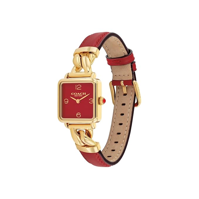 Coach Cass watch on-wrist view showing red leather strap and chain-link lugs
