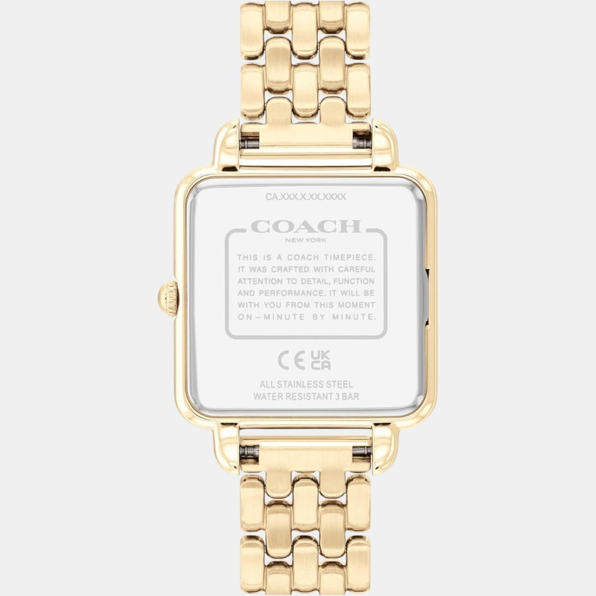 Coach Cass watch caseback showing stainless steel construction and water resistant specifications