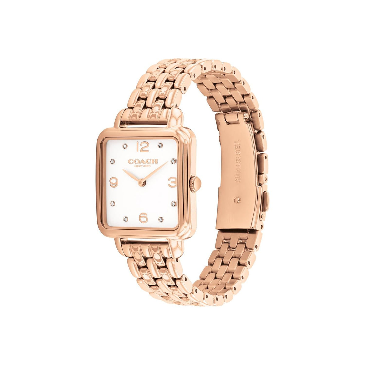 Coach Cass watch at angle showing square case profile and rose gold bracelet links