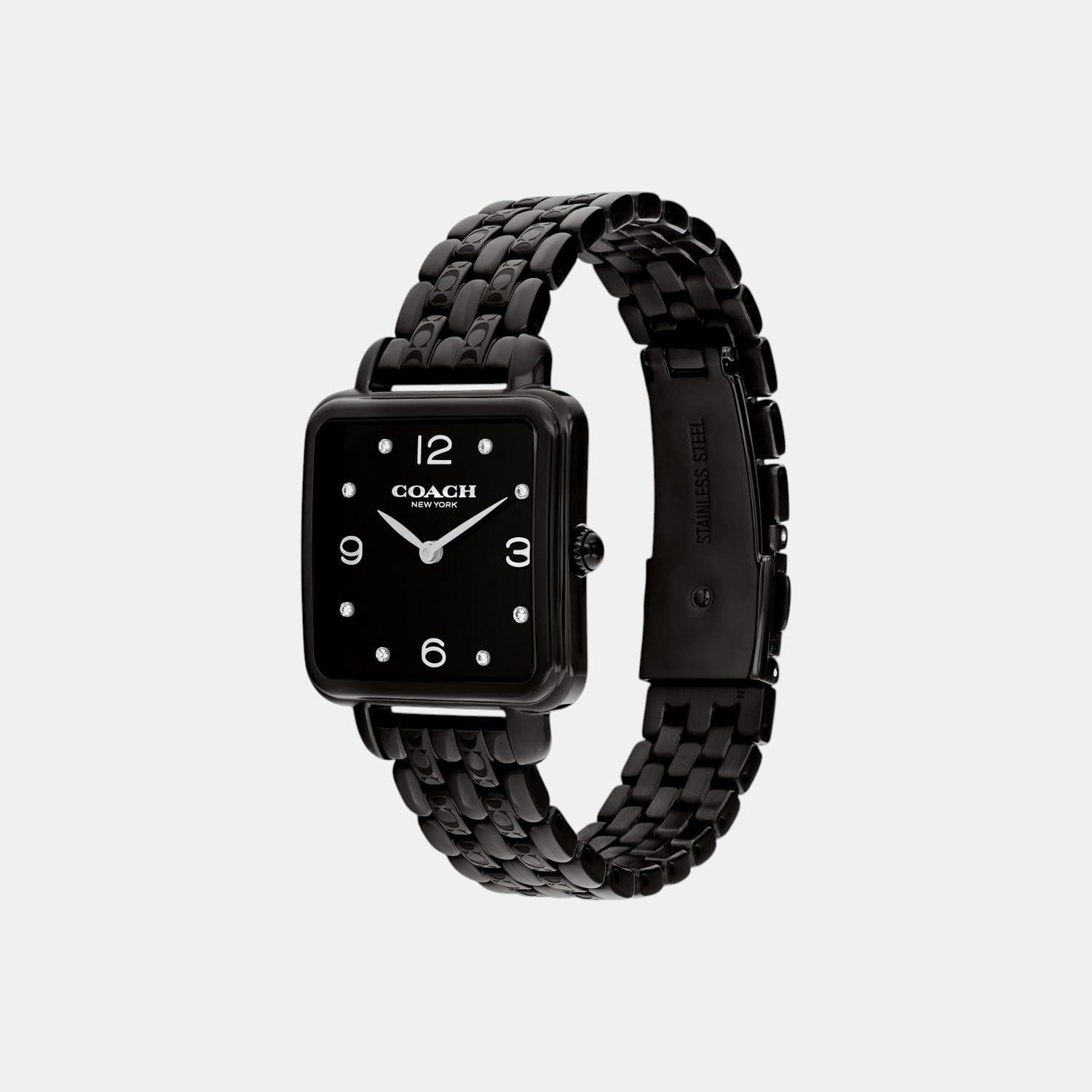 Coach Cass women's watch angled view showing black stainless steel bracelet