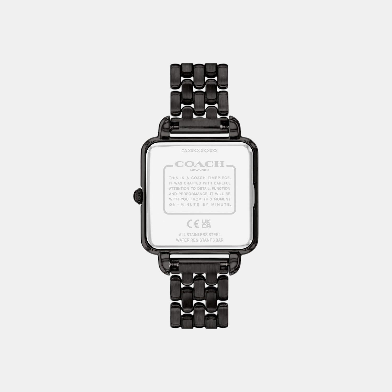 Coach Cass watch caseback showing brand details and specifications