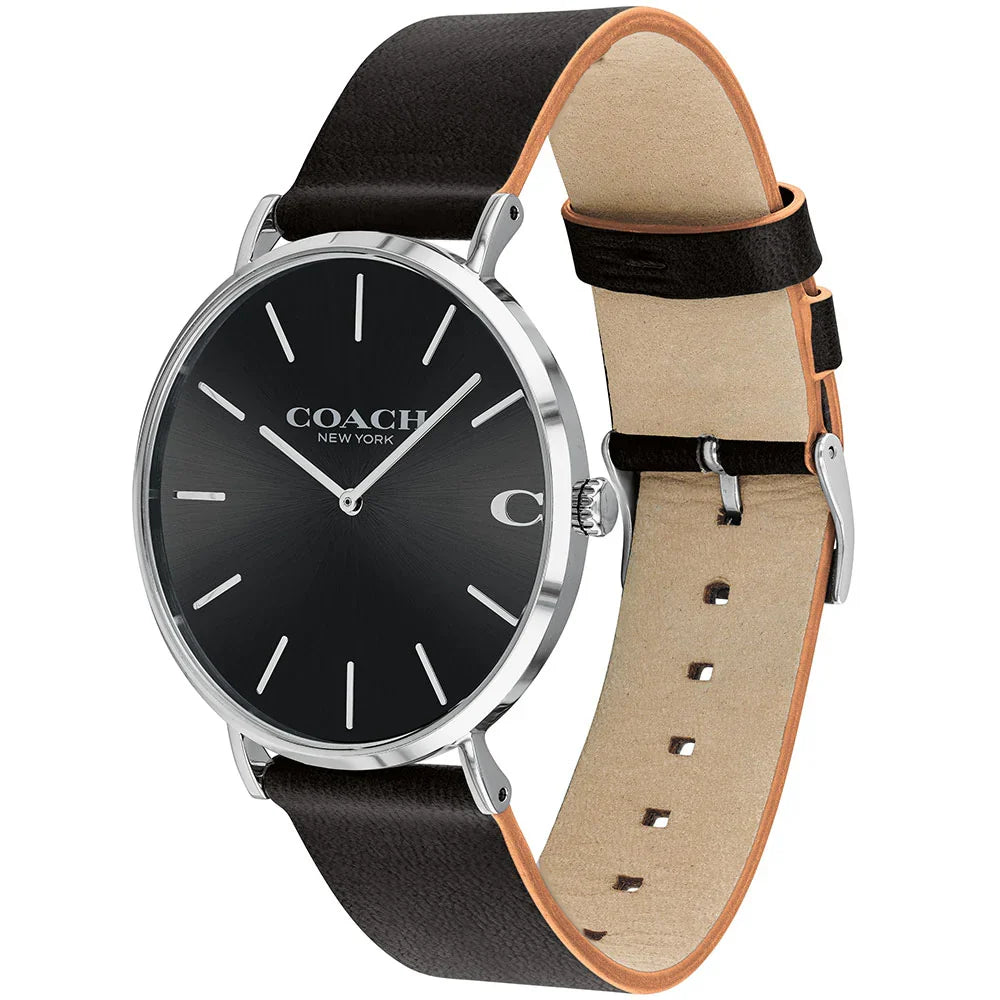 Coach Charles quartz watch with black dial, silver-tone case, and black leather strap
