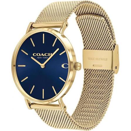 Coach Charles watch on wrist showing gold mesh band and navy dial