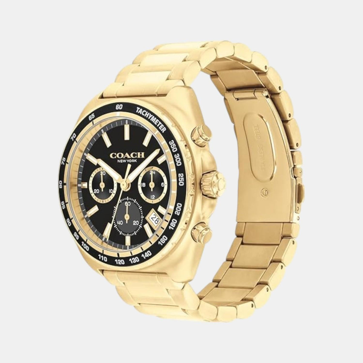 Coach Charter chronograph showing gold IP case and matching gold bracelet from angle